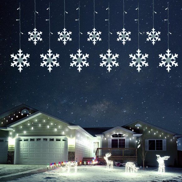 11.48ft Outdoor Led Snowflake Icicle Christmas Lights with 14 Drops, Waterproof